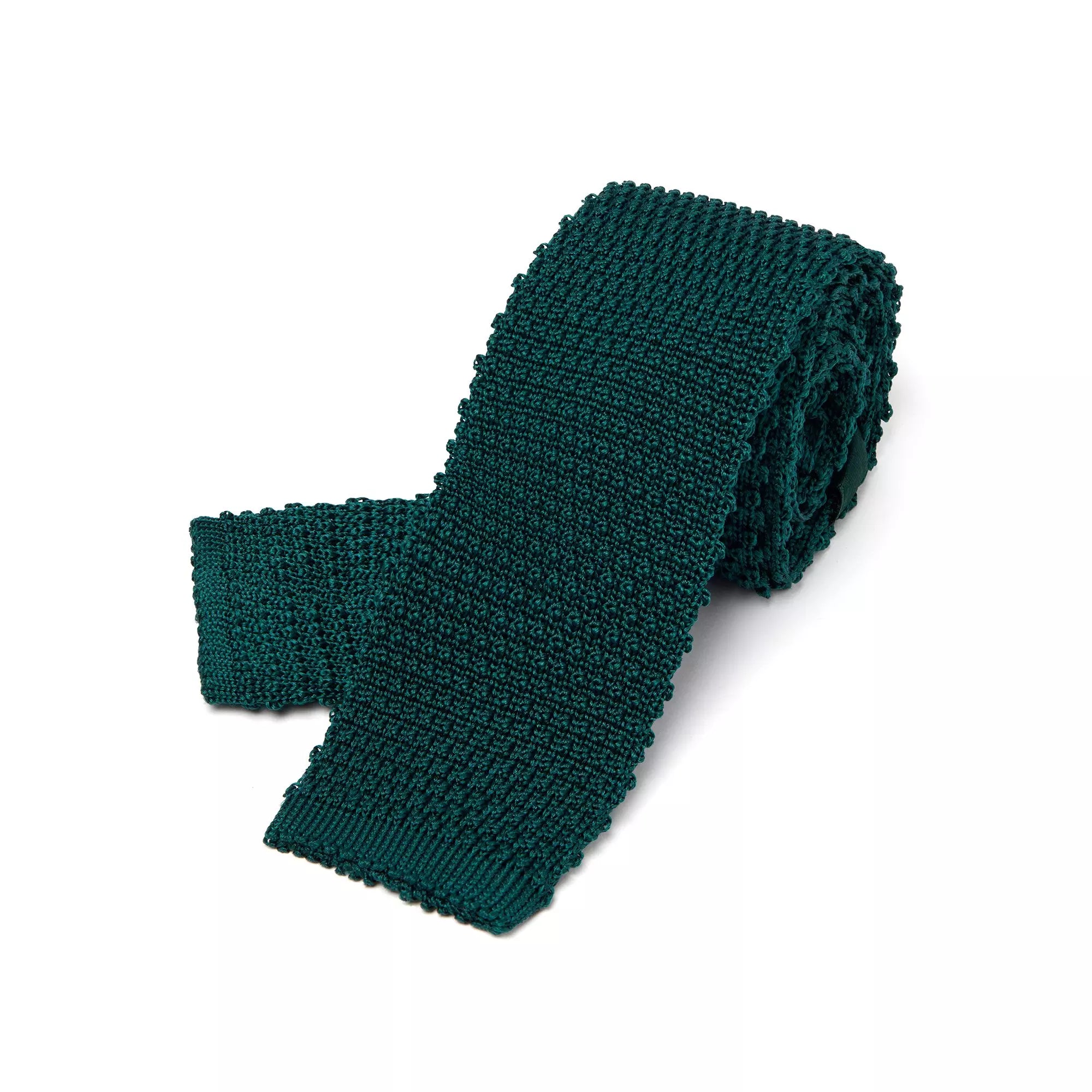 Bottle Green Plain Knitted Silk Tie Square Tip
