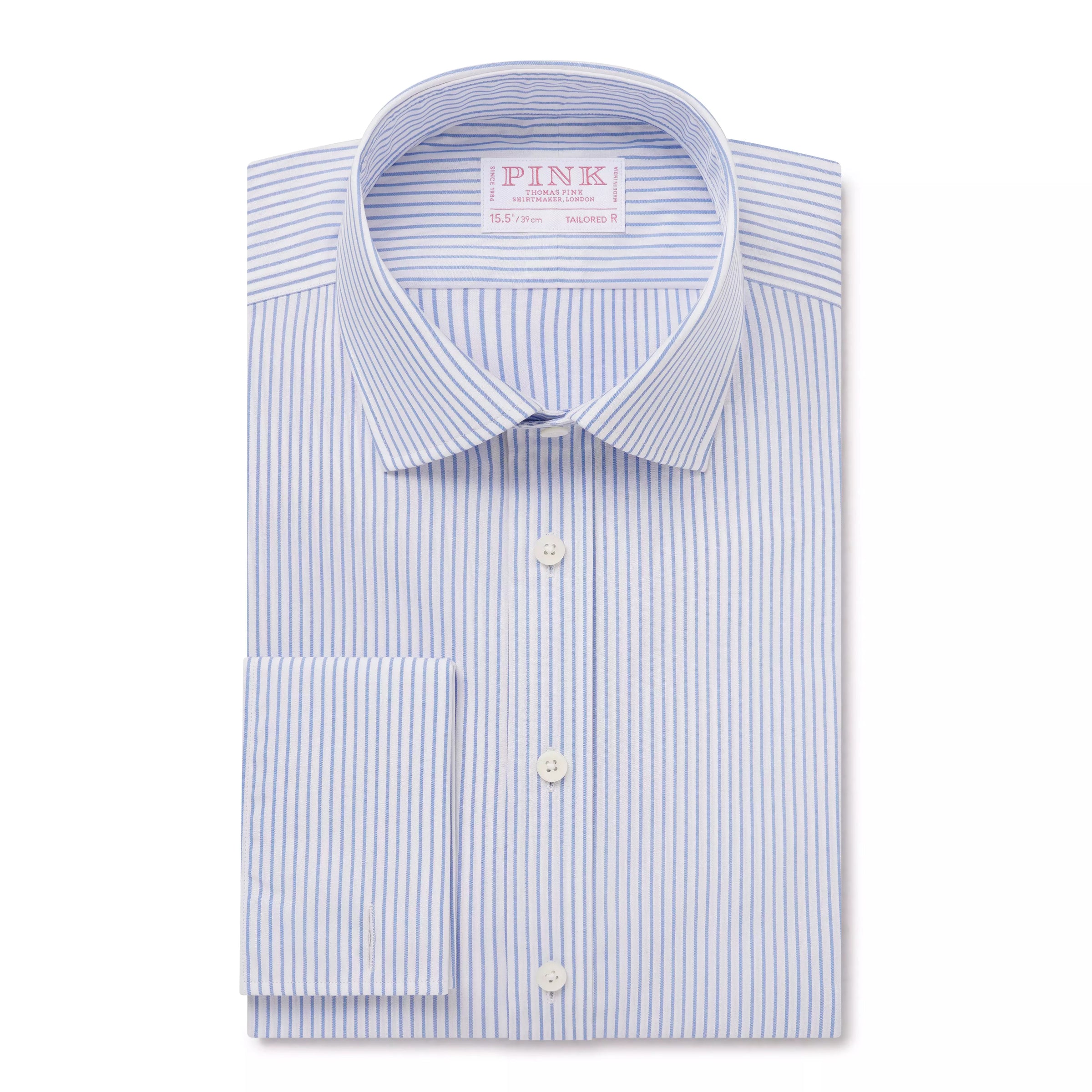 Blue & White Tailored Fit Double Cuff Panama Medium Stripe Formal Shirt