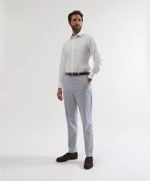 White & Navy Tailored Fit Stripe Seersucker Flat Front Trouser