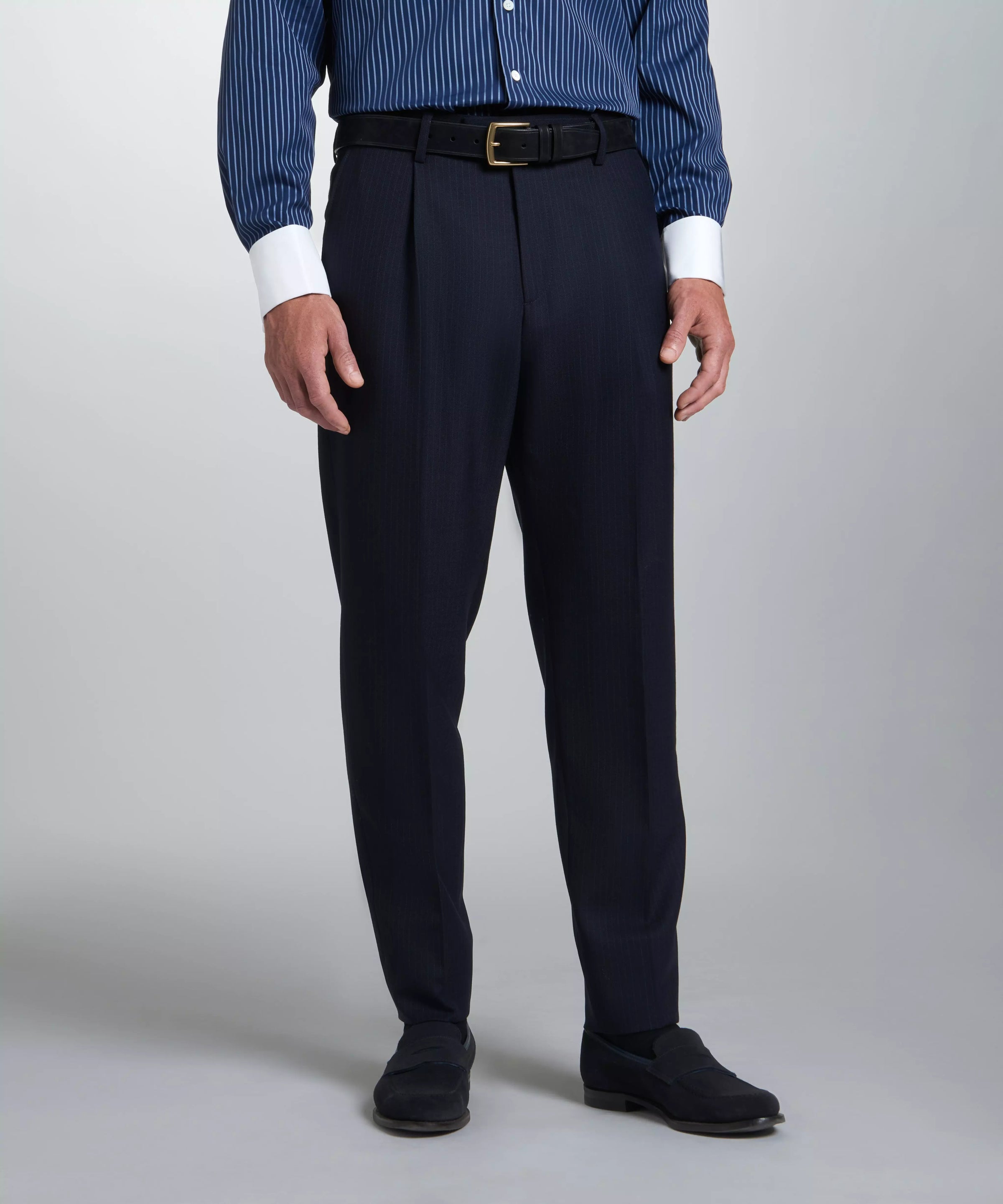 Navy Tailored Fit Wool Chalk Stripe Pleated Trouser
